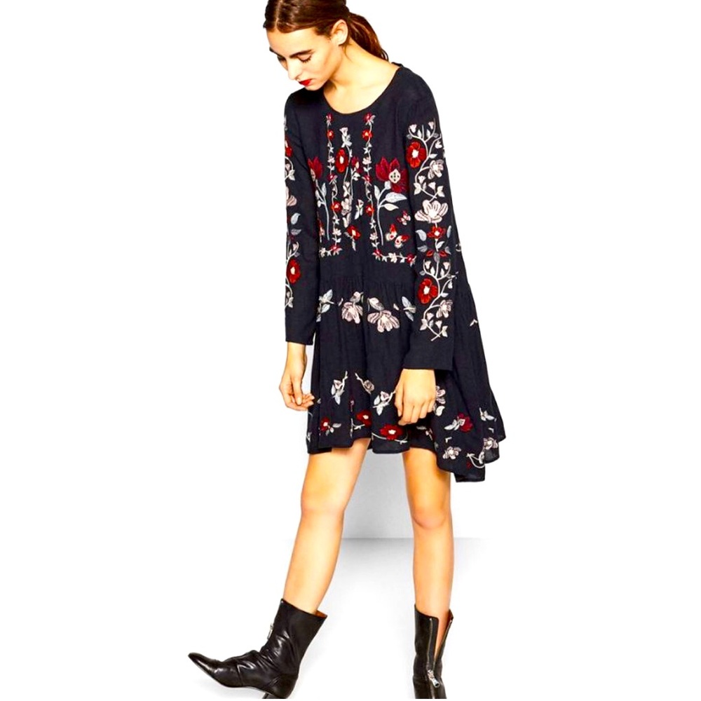 Zara Black Floral Embroidered Long-Sleeve Tunic Dress - Picture 2 of 15
